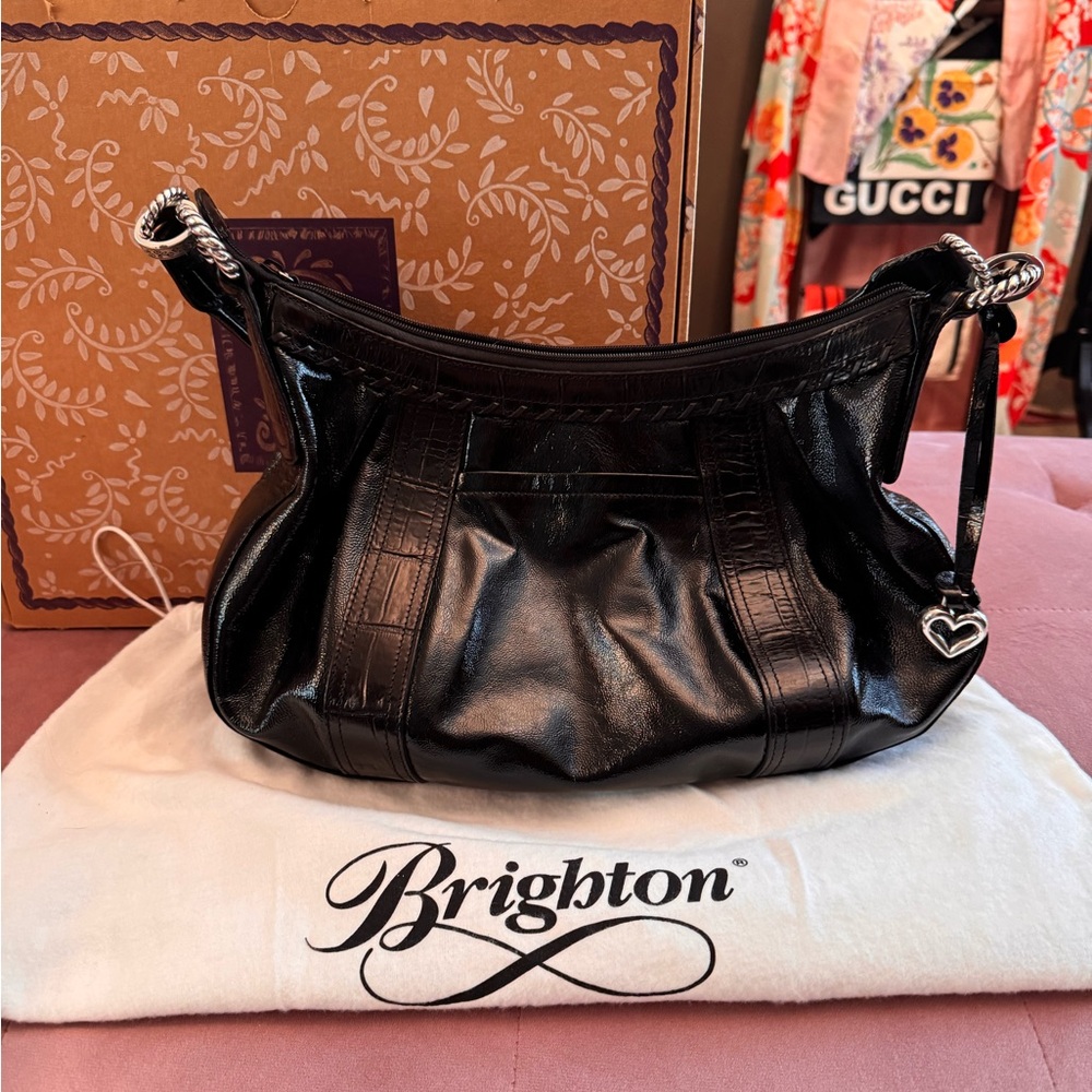 Brighton Black Leather Shoulder Bag with Ruched Design - Picture 2 of 4